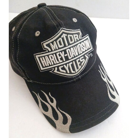 Harley Davidson Strapback Blk Twill Hat Flames Bar N Shield Logo - Picture 4 of 8